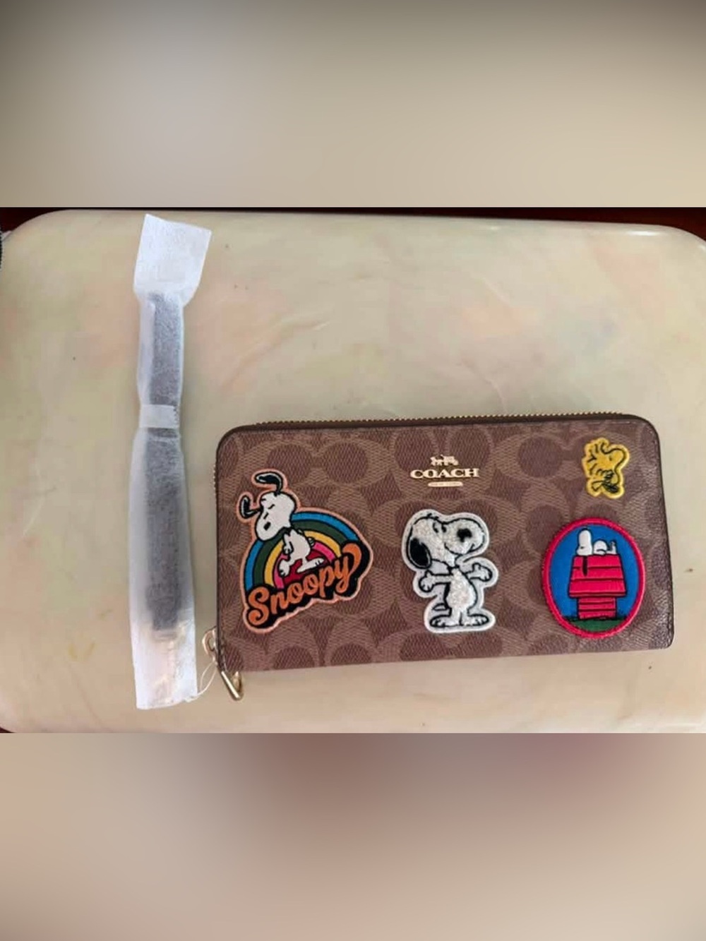Coach Brown Signature Snoopy Patch Zip Wallet